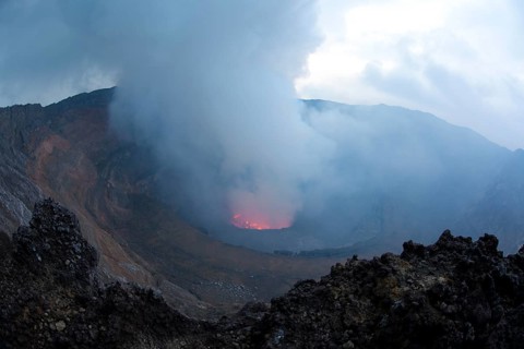 Boiling lava lake in the crater of Mount Nyiragongo volcano
