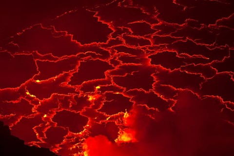 Boiling lava lake in the crater of Mount Nyiragongo volcano