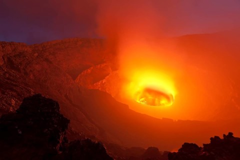 Boiling lava lake in the crater of Mount Nyiragongo volcano