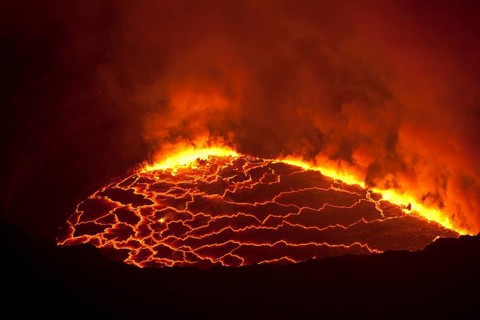 Boiling lava lake in the crater of Mount Nyiragongo volcano