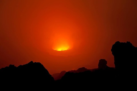 Boiling lava lake in the crater of Mount Nyiragongo volcano