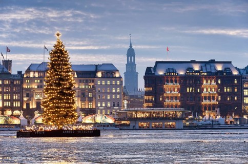 Binnenalster or Inner Alster Lake with a Christmas tree