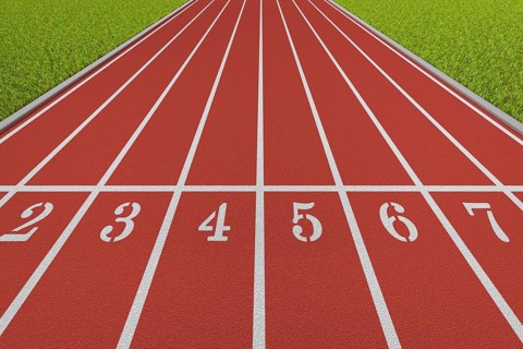 Starting line of a running track with eight lanes