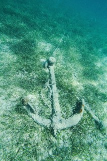 Rusted and overgrown anchor on the seabed