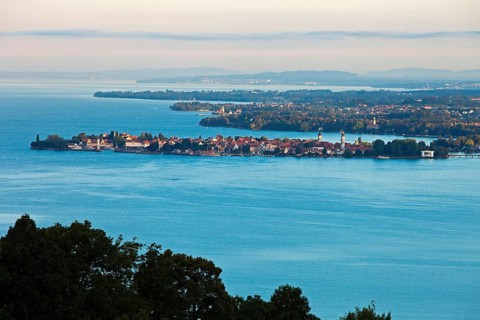 View over Lindau and Lake Constance from Pfaender Mountain in the early morning