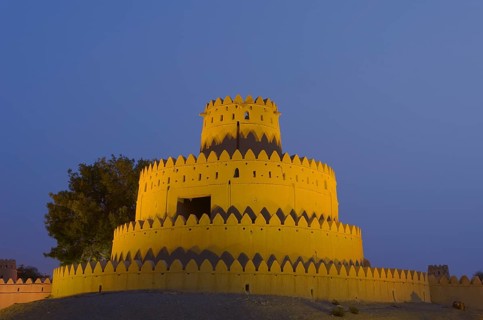 A tower of the Al Ain Palace Museum or Sheikh Zayed Palace Museum at dawn