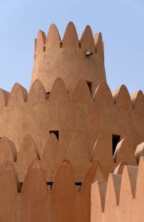 A tower of the Al Ain Palace Museum or Sheikh Zayed Palace Museum in the morning light