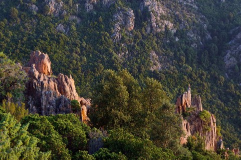 The typical bizarre red rocks of the Calanche of Pianasurrounded by green scrub. The Calanche of Piana is in the western part of the island Corsica