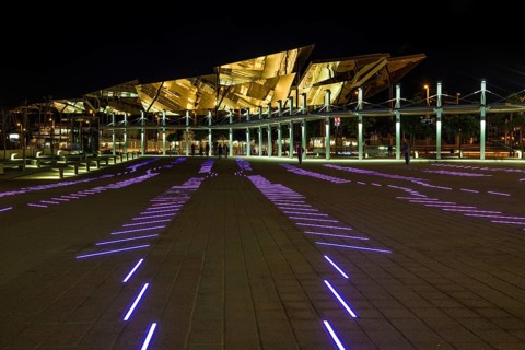 Light installation and new roof of the metro station at Placa de les Glories Catalanes Square