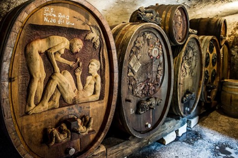 Ornately carved wine barrels