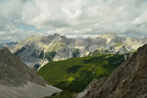 Jaegerkarspitze mountain above the Angerwald plateau