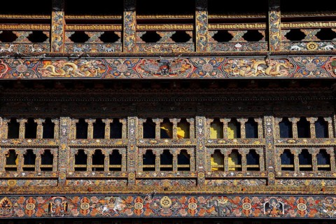 Ornamental windows in Gangtey Monastery in Phobjika Valley
