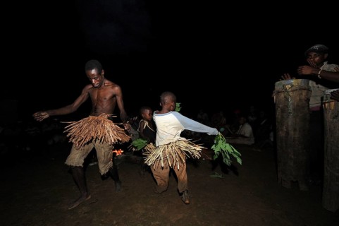 Pygmies of the Bakola people celebrating with song and dance