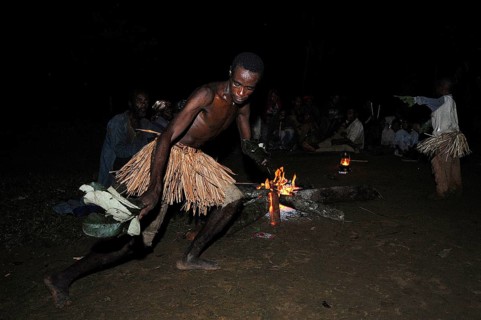 Pygmies of the Bakola people celebrating with song and dance