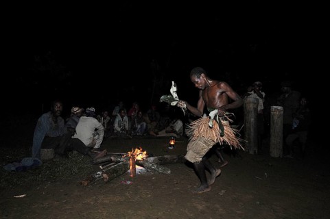 Pygmies of the Bakola people celebrating with song and dance