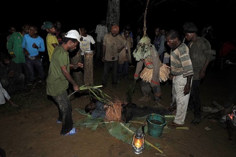 Pygmies of the Bakola people performing a healing ritual