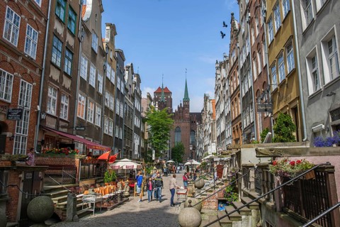 Mariacka Street or Ulica Mariacka with the historic patrician houses and their porches or elevated terraces