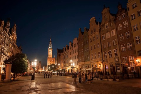 Houses on Long Market or Dlugi Targ and the clock tower of Main Town Hall