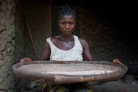 Woman separating grain from the chaff outside a hut
