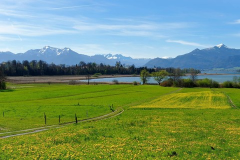 Spring at Lake Chiemsee Schafwaschener Bucht bay off Mt. Hochgern