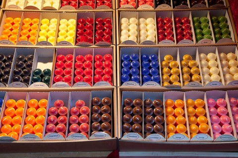 Scented candles on sale at a Christmas market