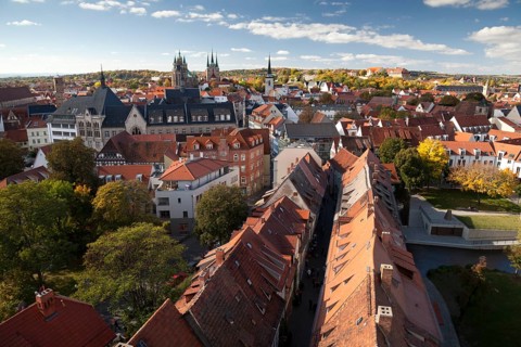 View of Kraemerbruecke bridge and the city as seen from the steeple of Aegidienkirche church