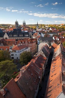 View of Kraemerbruecke bridge and the city as seen from the steeple of Aegidienkirche church