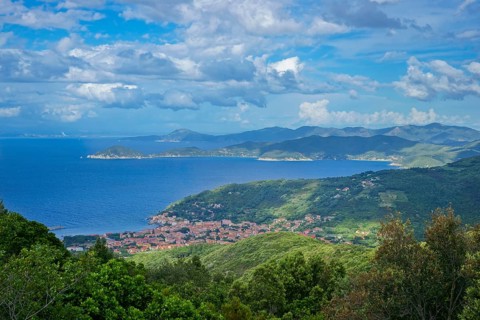 Coast of Elba and town view of Marciana Marina