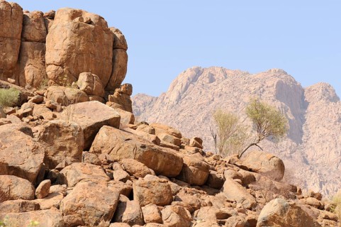 Mountain landscape along a trail to the White Lady rock painting in the Tsisab Gorge