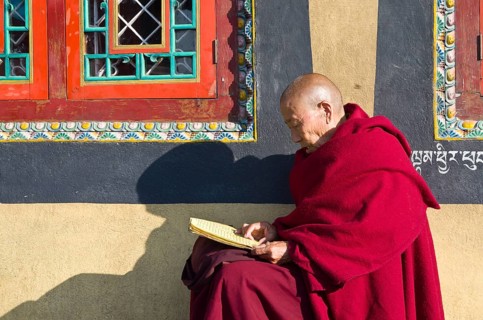 Tibetan monk reading the holy scriptures at the foot of Boudnath Stupa