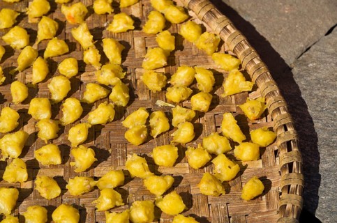 Mashed potatoes drying in the sun on a tablet