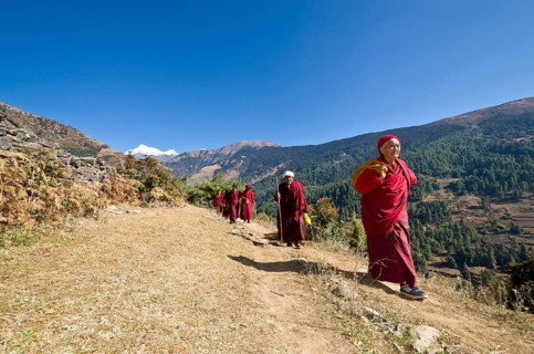 Monks and nuns wearing red cloths walking on a small path along a mountain slope