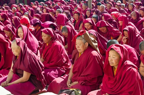 Many nuns wearing red cloths listening the teachings of Taklung Tsetru Rinpoche in the backyard of Junbesi Gompa