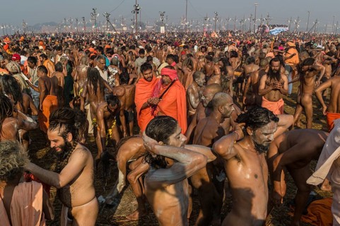 Crowds of naked Naga sadhus