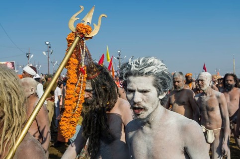 Crowds of naked Naga sadhus