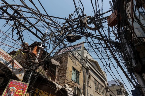 Chaotic arrangement of electricity cables in a side street