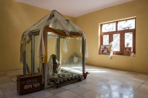 Mummy of a monk from 15th century in a glas container at a temple