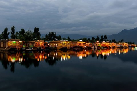Houseboats on Dal Lake at night