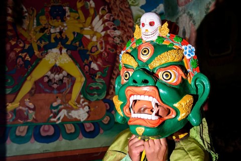 Wooden mask used by monks for ritual dances during Hemis Festival