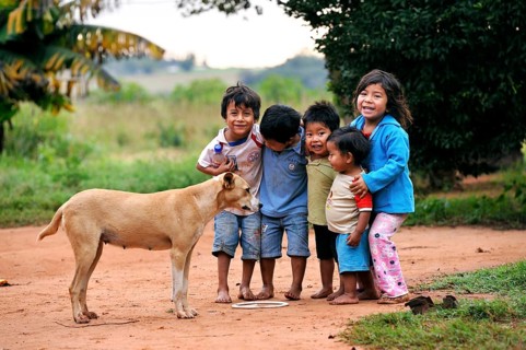 Group of happy children with a dog