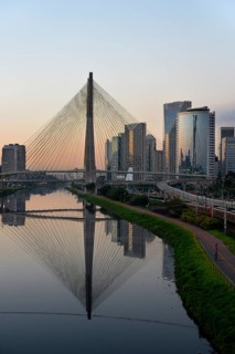Modern skyscrapers and the Octavio Frias de Oliveira bridge over the Rio Pinheiros River