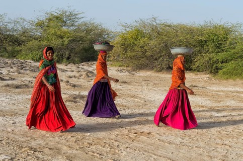 Fakirani women in traditional colorful clothes walking in the desert with a basin on their head