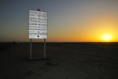 Distance information board at Dakhla towards Mauritania and Senegal