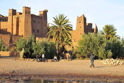 Mud-brick building or Tighremts and date palm trees (Phoenix dactylifera) of the fortified city or ksar Ait Ben Haddou