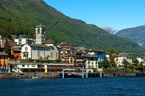 Lake view of Brissago with the Parish Church of Saints Peter and Paul on Lake Maggiore