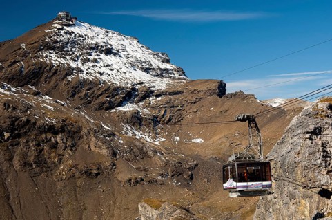 Cabin of the Schilthorn Cableway between the intermediate station of Birg and the summit of Schilthorn Mountain
