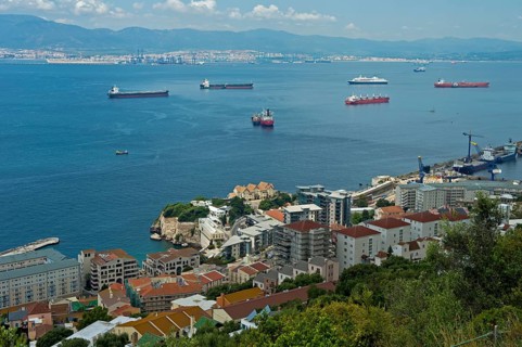 View over the roadstead in front of the harbor of Gibraltar and the Bay of Algeciras
