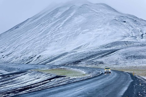 Snow-covered mountains along the ring road to Myvatn