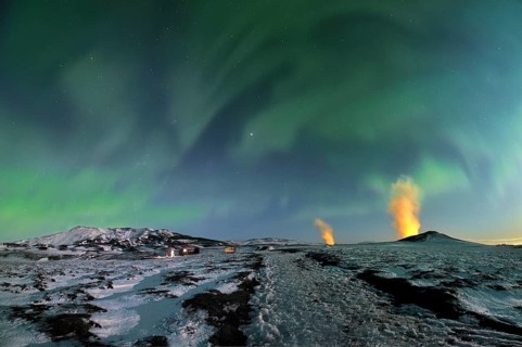 Aurora and geothermal power plant on Krafla Mountain