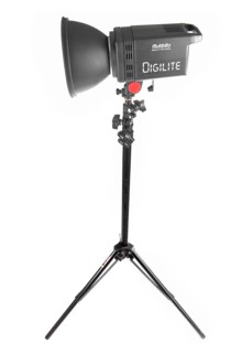Small studio flash head on a tripod